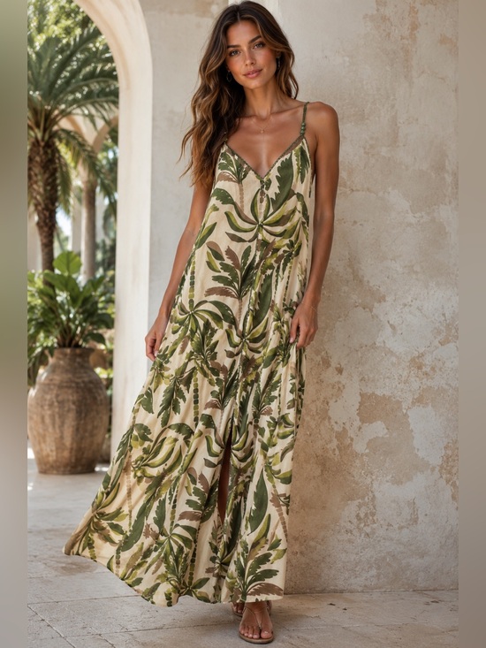 True Destinations Dresses & Skirts - NWT True Destinations Tropical Palm Print V-Neck Maxi Dress S Resort Vacation